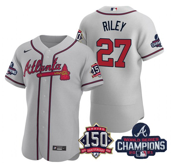 Men's Atlanta Braves #27 Austin Riley 2021 Grey World Series Champions With 150th Anniversary Flex Base Stitched Jersey Men's Atlanta Braves #27 Austin Riley 2021 Grey World Series Champions With 150th Anniversary Flex Base Stitched Jersey